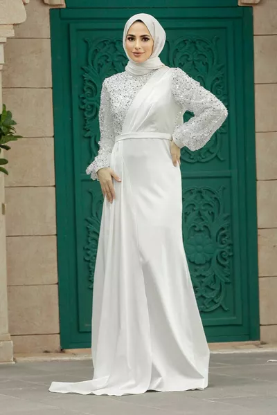 Вечернее платье в хиджабе - Вечернее платье хиджаба с вышивкой пайетками экрю E