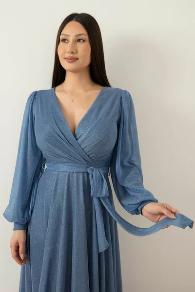 Double-breasted Collar Glitter Tulle Evening Dress 