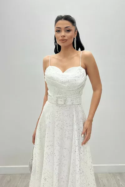 Glitter Tulle Fabric Strap Midi Dress - WHITE