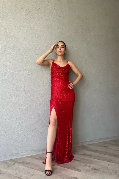 Red Strait Slit Detailed Low-Cut Sequin Dress
