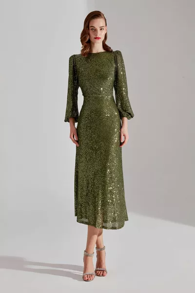 NICOLE Glitter الترتر الكاكي الأكمام بالون فستان ميدي