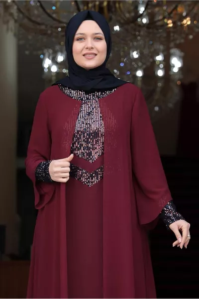 Kadın Bordo Pul Payet Detaylı Abiye T 