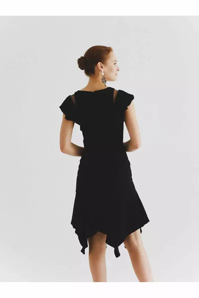 Abendkleid mit Volantschulter und Details Schwarz 