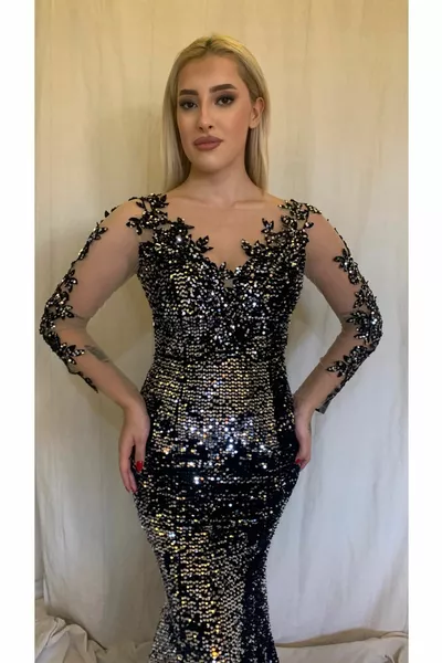 Жените тесен годни елегантен дълъг пайети тюл риба вечерна рокля 