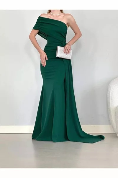 المرأة الزمرد مادونا طوق واحد قصيرة الأكمام الذيل مفصلة ماكسي طول الستارة الرباط مساء اللباس الطويل