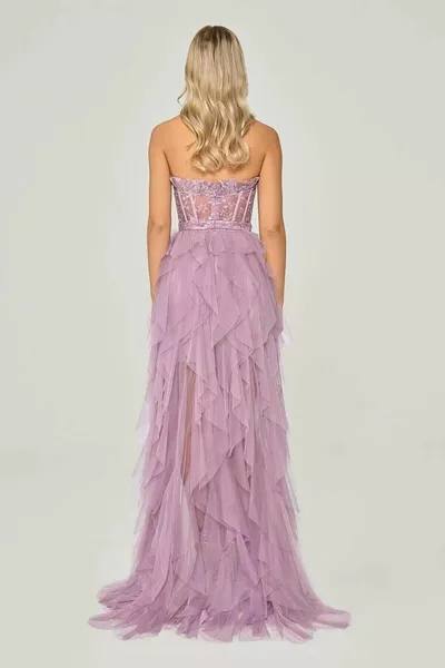 Женское длинное сиреневое вечернее платье без бретелек и длинное сиреневое атласное платье без бретелек -PINK