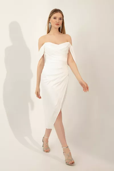 المرأة الأبيض قارب الرقبة رايات ميدي مساء اللباس