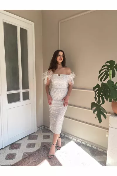 Otriş нисък ръкав Beaded Midi вечерна рокля