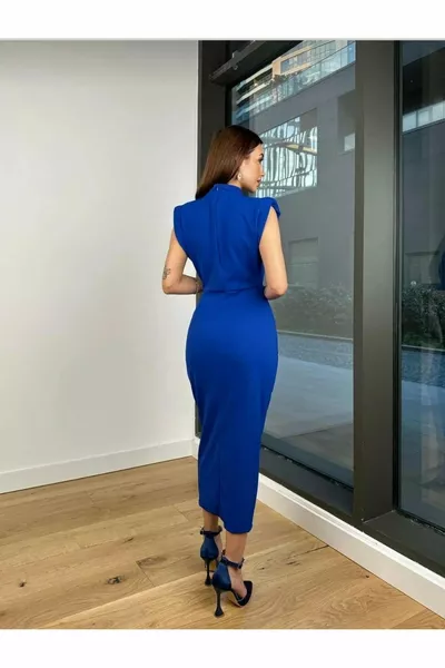 الأزرق مرنة النسيج بروش مفصلة ميدي طول مساء اللباس 