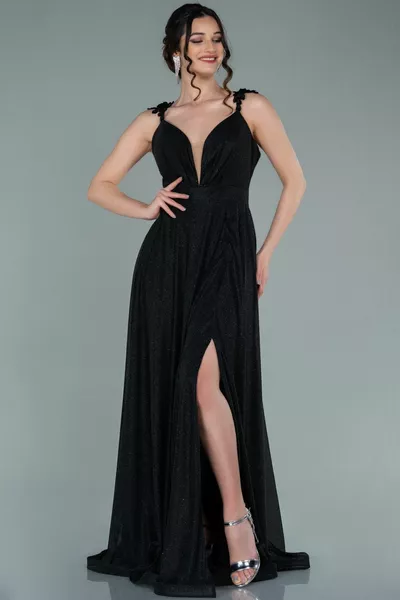 Black Leg Low-Cut Glitter Long Evening Dress 