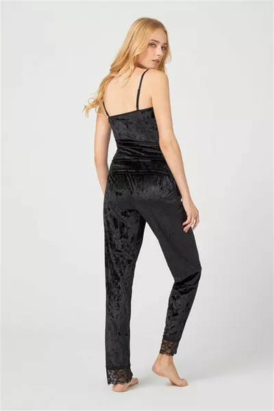 Черный кружевной бархатный женский пижамный комплект