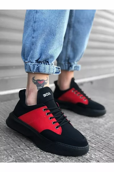 Lace-up High Sole Black Red Men's Sneakers