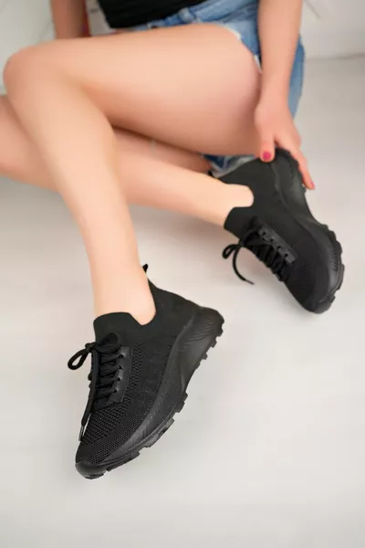 نسائي دانتيل متابعة تريكو حذاء رياضي أسود