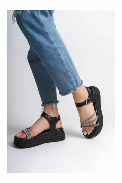  Ортопедична подметка Дамски сандали с дебела катарама Каменно райе St Black