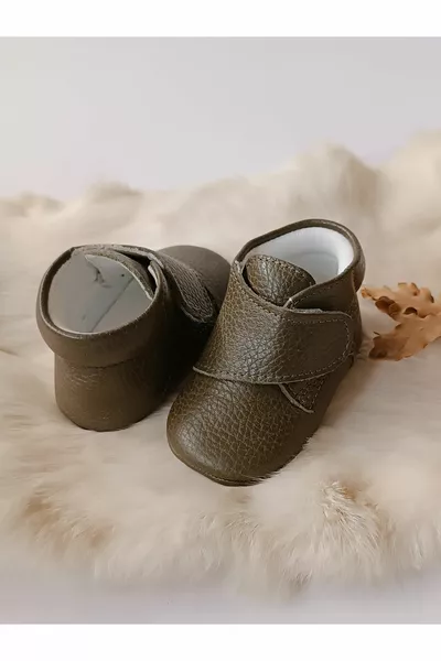 Stivali da bambino in velcro in vera pelle verde kaki