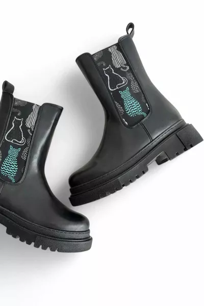 Кошачий принт - Черные кошки только с рисунком Удобная посадка Нескользящая подошва Теплая подкладка Эластичные женские сапоги