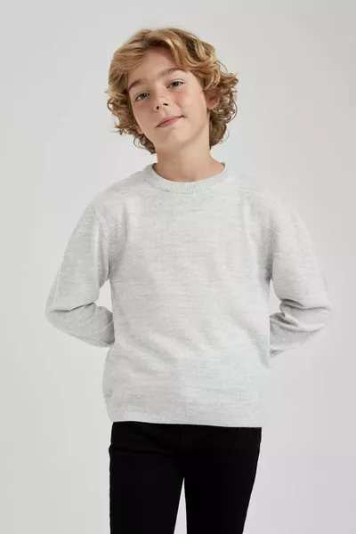 Boys' Optical Gray Crew Neck Basic Plain Knit Sweater WN