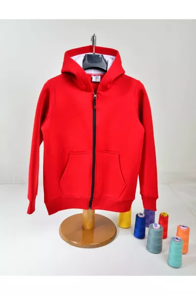 Унисекс Детский Красный Толстый Флисовый Кардиган с 3 Нитями