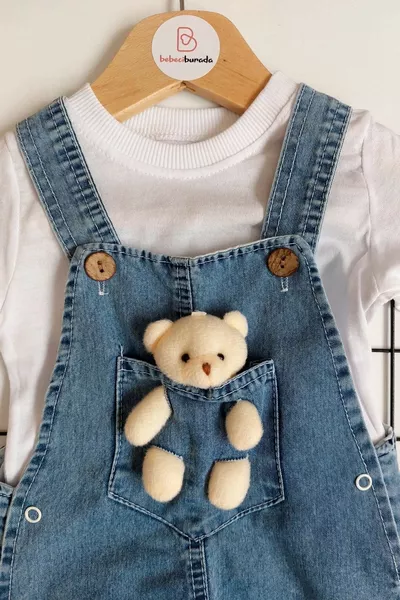 Salopette en jean pour bébé à manches longues avec ourson en peluche