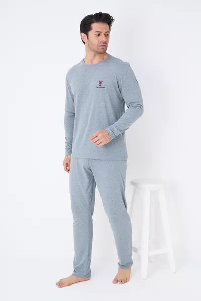 Blau meliertes Langarm-Strick-Pyjama-Set für Herren 
