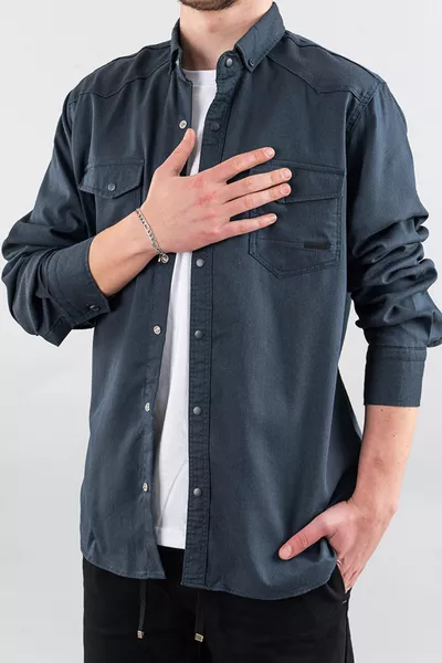 Мужская джинсовая рубашка слим фит темно-синяя