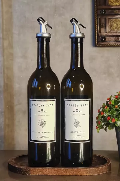 Amber 2-Pack Olive Oil and Cooking Oil Bottles with Wooden Stand - Oil Dispenser