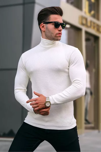 كنزة صوفية رجالية بياقة صيد باللون العظمي 