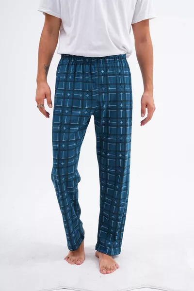 Herren Baumwollschlafhose ohne Taschen mit Karoaufdruck und elastischem Bund in Petrol