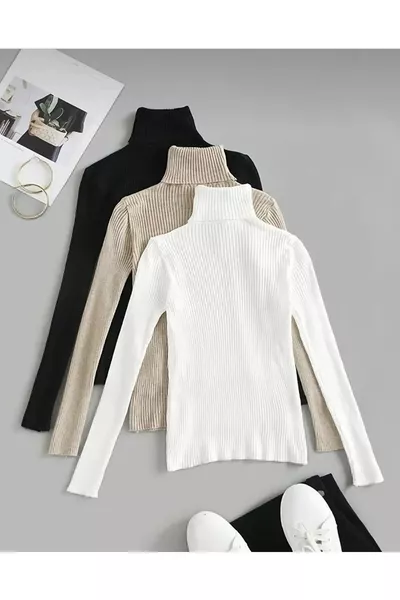 3-Pack Black White Beige Cotton Turtleneck Slim Fit Brushed Sweater