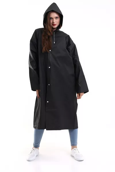 Impermeabile da donna e da uomo con cappuccio e bottoni a pressione Eva nero