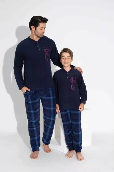 Men's Navy Plaid Pattern Long Sleeve Father-Son Fleece Fabric Winter Warm Pajama Set