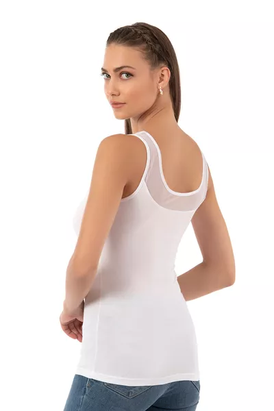Özkan  Dames Katoenen Stretch Suprem Top met Tulle Details en Brede Bandjes, Zwembad Hals