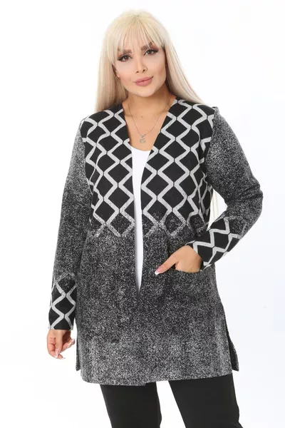 Женский жаккардовый серый кардиган с узором «баклава», короткий, больших размеров