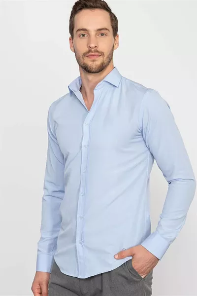 Мъжка синя риза Slim Fit с дълъг ръкав от памук, лесна за гладене