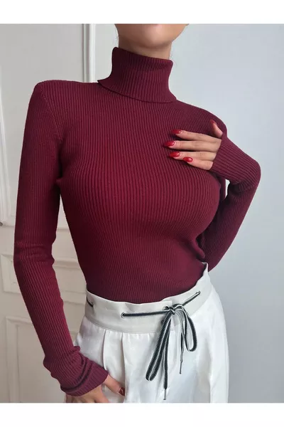 Kadın Bordo Pamuklu Balıkçı Yaka Şardonlu Slimfit Boğazlı Kazak