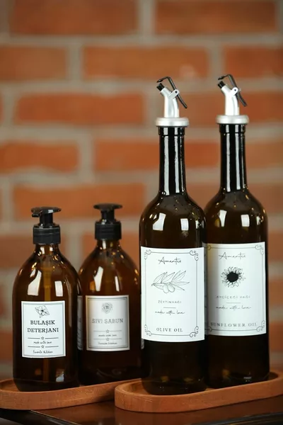 Set of 2 Amber ml Oil Bottles with 6-Piece Wooden Stand, Set of 2 Amber Soap Dispensers, Kitchen Oil and Soap Dispenser Set