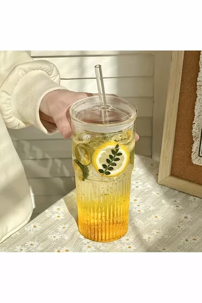 Bicchiere da presentazione in vetro borosilicato, bicchiere con cannuccia e coperchio, bicchiere da caffè, resistente al calore ( ML) Macchiato