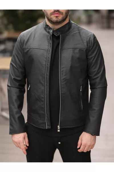 Мужская черная кожаная куртка Ryn с кнопками на воротнике