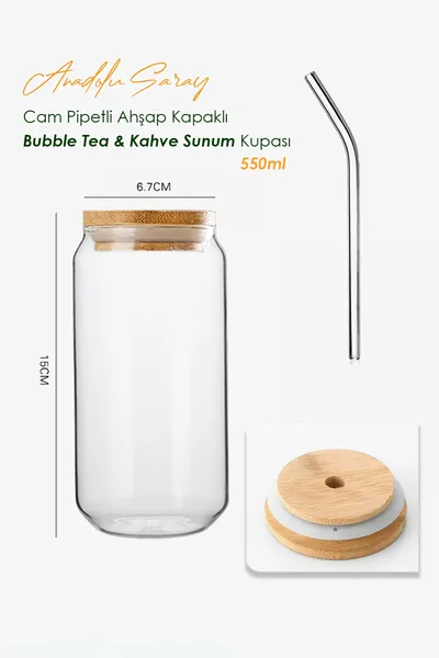 Heat-Resistant Glass Bubble Tea and Borosilicate Cup with Wooden Lid and Straw, Coffee Serving Glass, ml