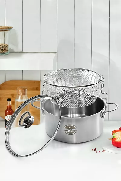 Pentola per friggere in acciaio a 3 pezzi con coperchio in vetro