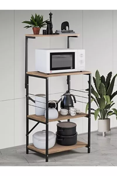 Многофункционален шкаф за кухня, стойка за микровълнова, рафт, органайзер за кухненски принадлежности, черно-кафяв