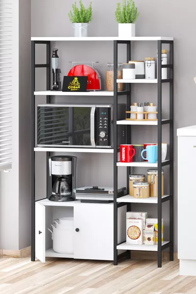 Multi-Purpose Cabinet Kitchen Stand 2-Door 8-Shelf Coffee Corner Kitchen Shelf Kitchen Storage White