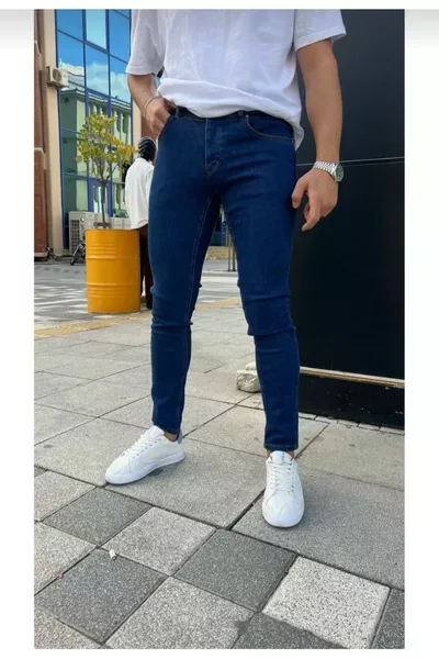 Men's Dark Blue Plain Slim Fit Stretch Straight Leg Jeans