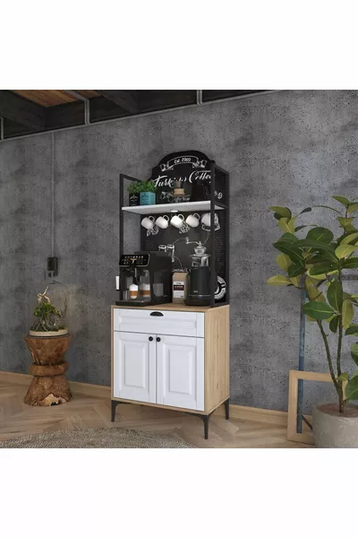 Rani  Angolo Caffè Illuminato Mobile da Cucina Multiuso con Cassetti e Cestino Noce - Bianco