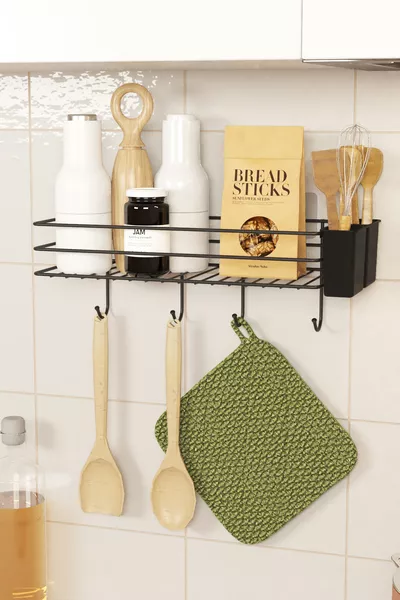Large Sticky Wall-Mounted Kitchen Shelf Counter Organizer with Hooks