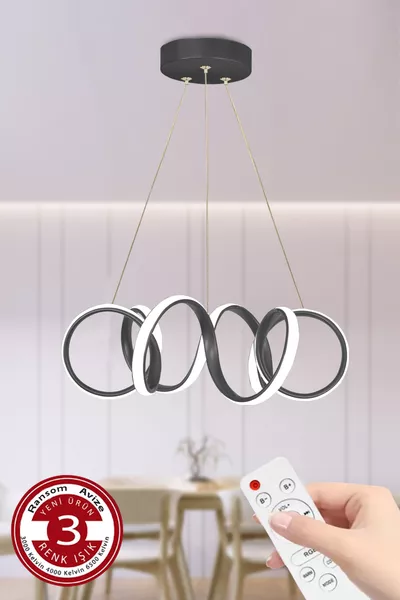 3 Renk Kumandalı Siyah Kasa Dimmerli Led Avize Kıvrım Ledli Avize