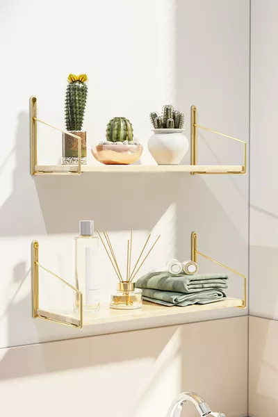 Стена с рафт, рафт с бляскаво златно покритие, масивен дървен рафт за стена, комплект от 2 броя, луксозен декоративен рафт за баня и кухня