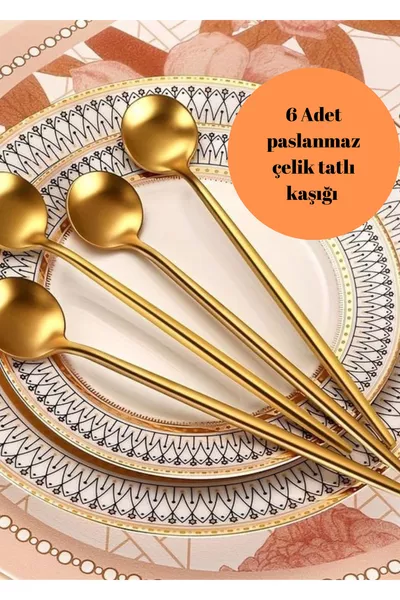 6 броя златни неръждаеми кръгли лъжици за десерт, първо качество, 3 мм