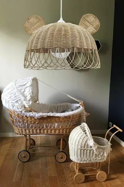 Плетен, бамбуков полилей с форма на заек и мечета, таванна лампа за детска стая с бял патрон