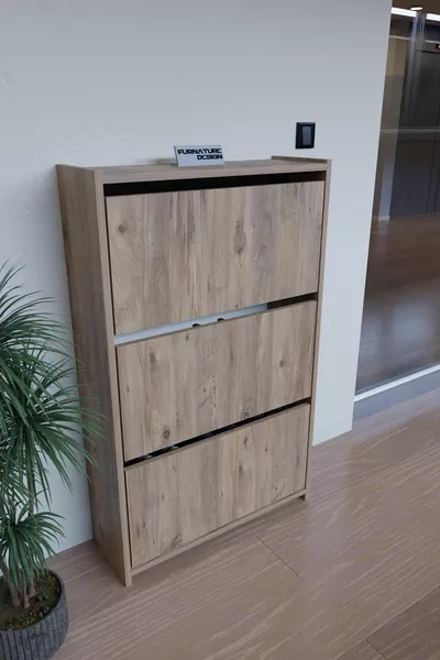 Fold-Down Shoe Cabinet with Sliding Shelves and 3 Doors - Wall-Mountable, Atlantic Pine